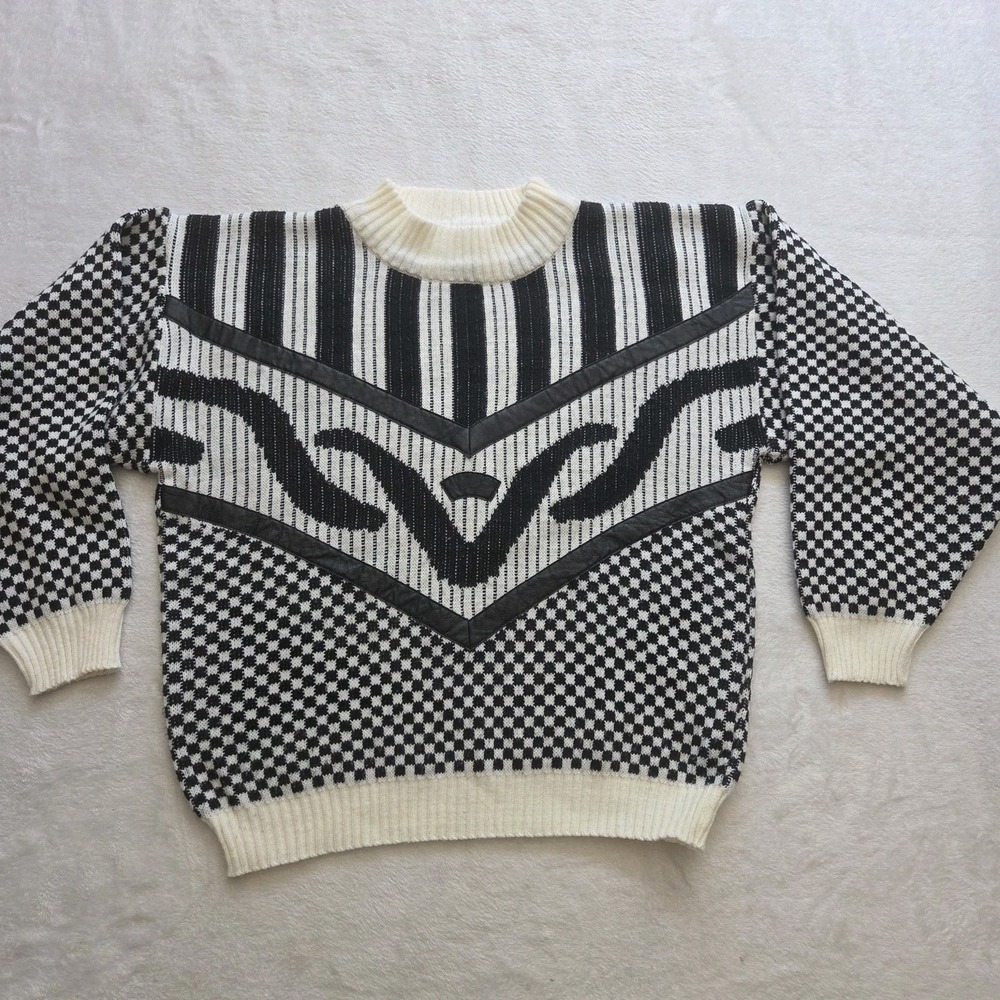 Vintage 80s Crewneck Sweater Acrylic Leather Knit Preppy Sweater Womens Large